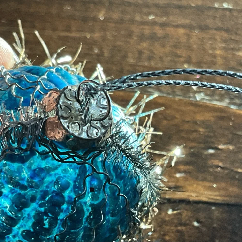 Unique Blue Glass Ornament with Wire Tinsel Beads